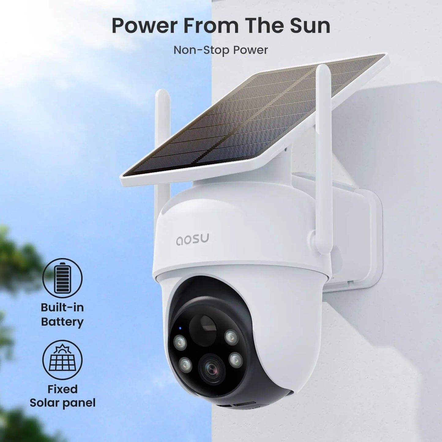 AOSU 3MP Solar Battery Camera System 2 Cam Kit Wireless 360° PTZ Surveillance Wifi Camera Set Include Home Base Support Alex