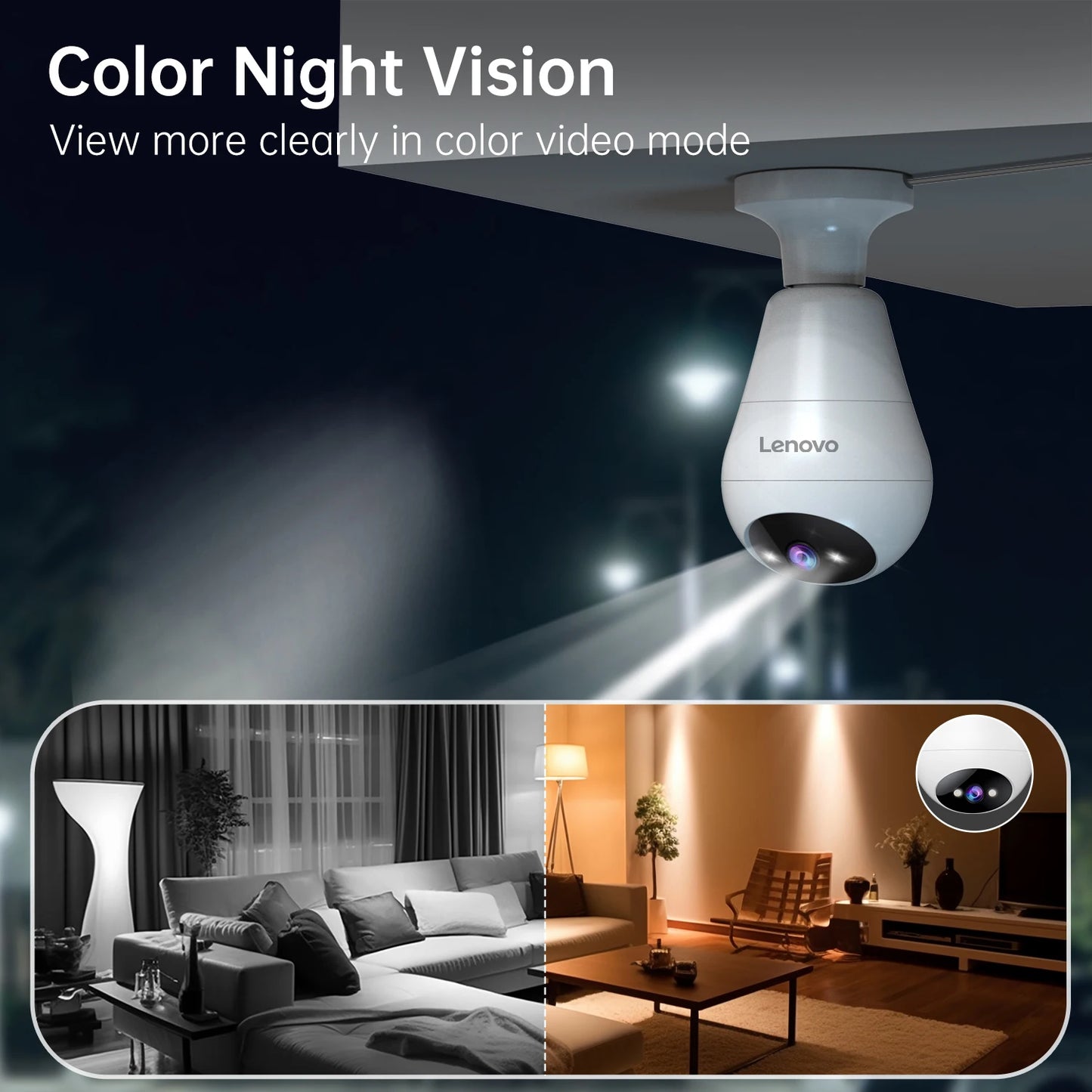 Cámara WiFi Lenovo con bombilla E27 de 3 MP para interiores, videovigilancia, color, seguimiento IA, cámara CCTV para bebés y hogar inteligente.
