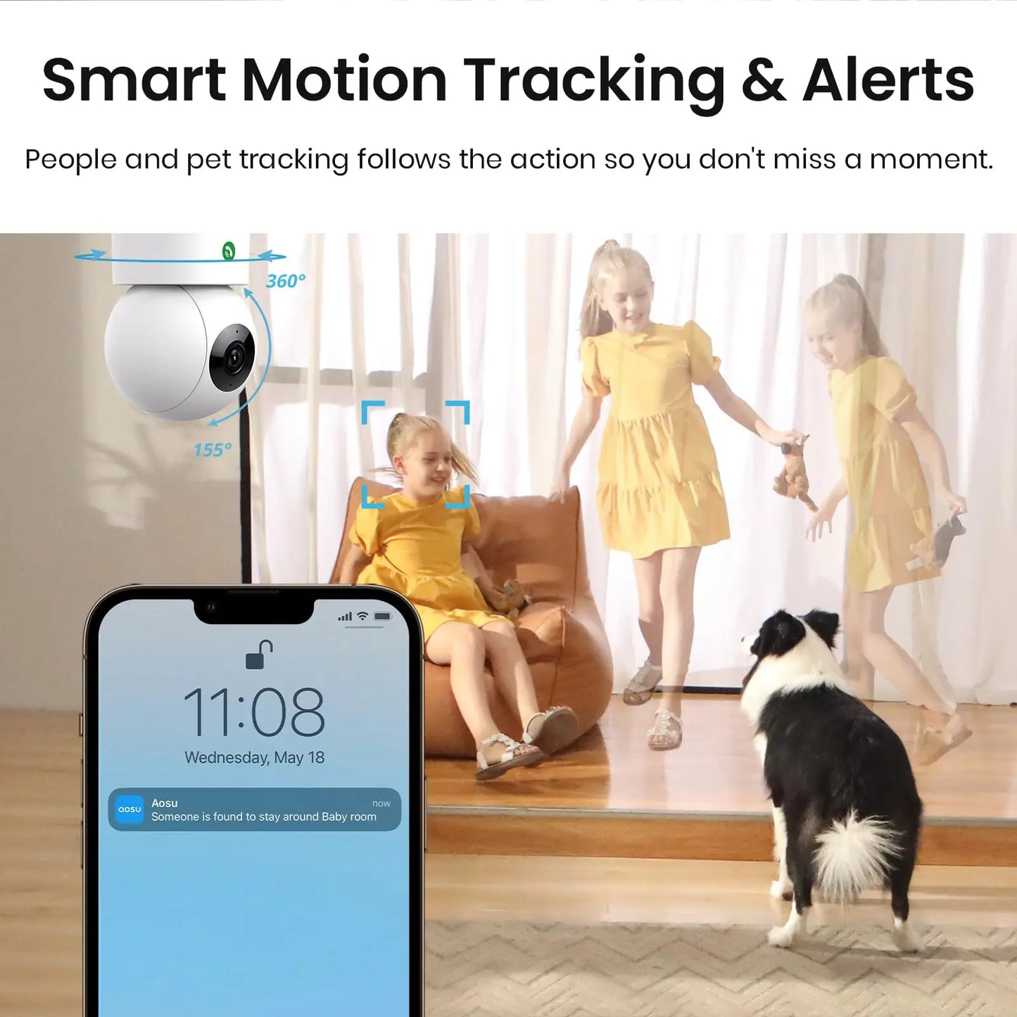 AOSU 3MP 5G/2.4GHz Baby Monitor WiFi Security Camera Indoor 6X Zoom 2-Way Audio Surveillance CCTV Camera Work with Alex