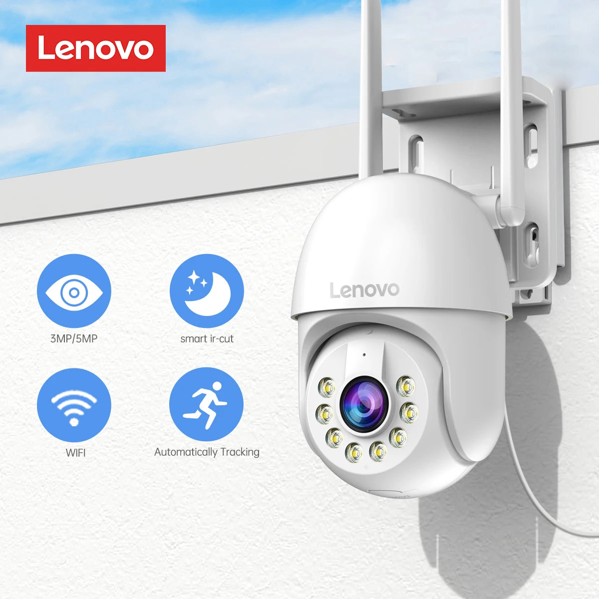 Lenovo cámara de seguridad inteligente con wifi para exterior y visión nocturna a color.