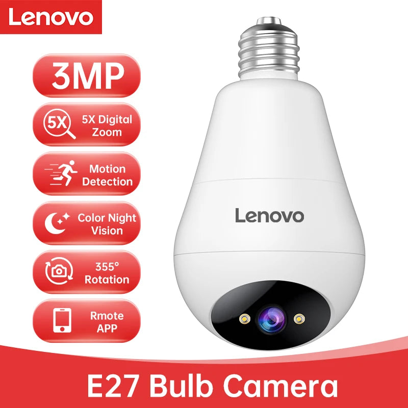 Cámara WiFi Lenovo con bombilla E27 de 3 MP para interiores, videovigilancia, color, seguimiento IA, cámara CCTV para bebés y hogar inteligente.