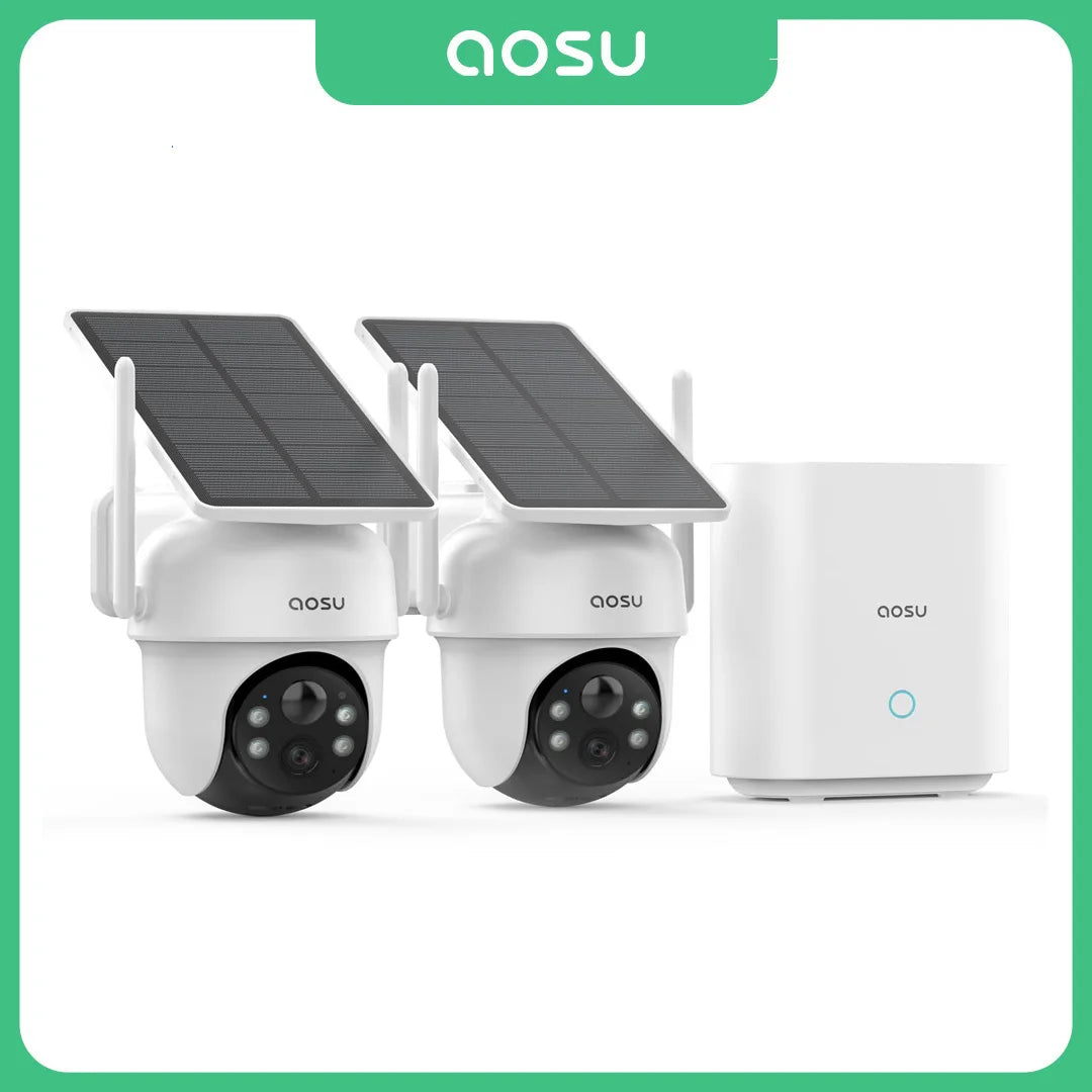 AOSU 3MP Solar Battery Camera System 2 Cam Kit Wireless 360° PTZ Surveillance Wifi Camera Set Include Home Base Support Alex