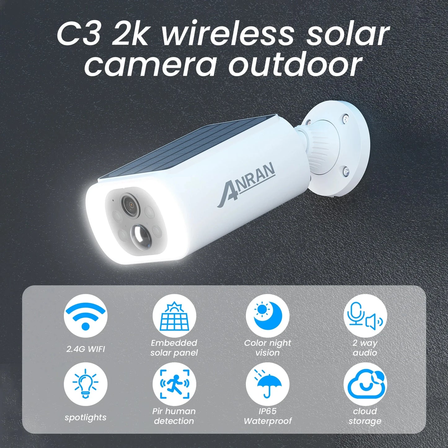 ANRAN 2K Solar Security Camera 3MP Outdoor Wireless 2.4G WIFI Camera Battery Camera Floodlight Color Night Vision Can't Add NVR
