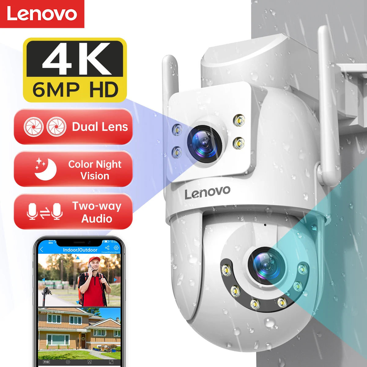 Lenovo 4K 6MP WiFi Surveillance Camera Outdoor Security Dual Lens Dual Screen AI Tracking PTZ IP Camera CCTV Video Surveillance