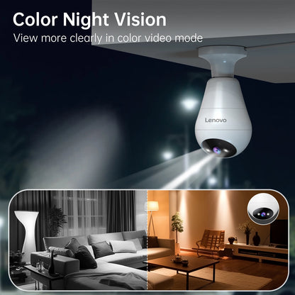 Cámara WiFi Lenovo con bombilla E27 de 3 MP para interiores, videovigilancia, color, seguimiento IA, cámara CCTV para bebés y hogar inteligente.