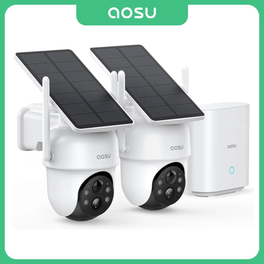 Cámara solar AOSU de 3 MP, kit de 2 cámaras, sistema de cámara inalámbrica, conjunto de cámara PTZ Wifi