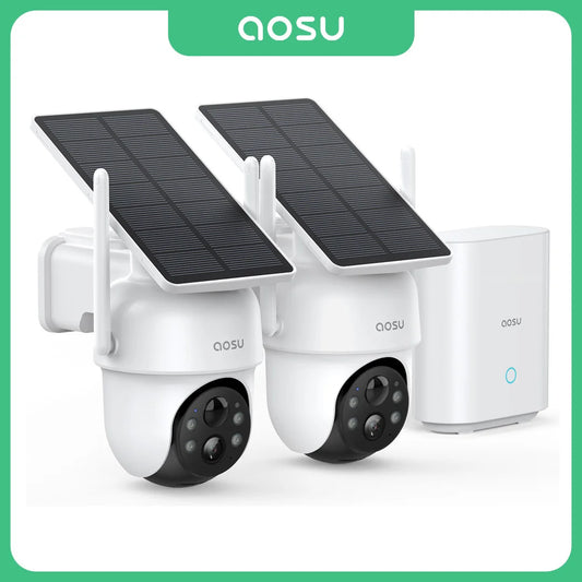 Cámara solar AOSU de 3 MP, kit de 2 cámaras, sistema de cámara inalámbrica, conjunto de cámara PTZ Wifi