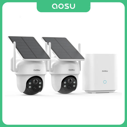 AOSU 3MP Solar Battery Camera System 2 Cam Kit Wireless 360° PTZ Surveillance Wifi Camera Set Include Home Base Support Alex