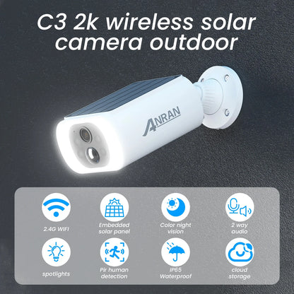 ANRAN 2K Solar Security Camera 3MP Outdoor Wireless 2.4G WIFI Camera Battery Camera Floodlight Color Night Vision Can't Add NVR