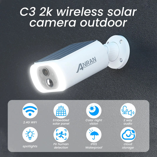 ANRAN 2K Solar Security Camera 3MP Outdoor Wireless 2.4G WIFI Camera Battery Camera Floodlight Color Night Vision Can't Add NVR