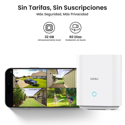 AOSU 3MP Solar Battery Camera System 4 Cams Kit Wireless 360° PTZ Surveillance Wifi Camera Set Include Home Base Support Alex