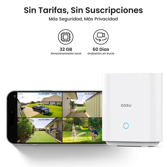 AOSU 3MP Solar Battery Camera System 4 Cams Kit Wireless 360° PTZ Surveillance Wifi Camera Set Include Home Base Support Alex